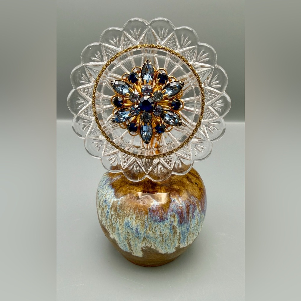 Handmade Vintage Brooch Flower Sculpture - Rhinestone Jewelry Art